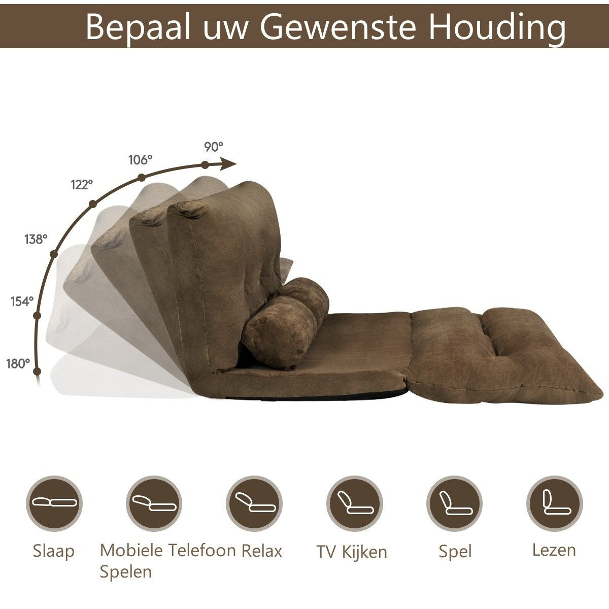 Coast Floor Sofa avec 2 coussins - pliable et réglable - 108 x 178 x 18 cm - couleur café