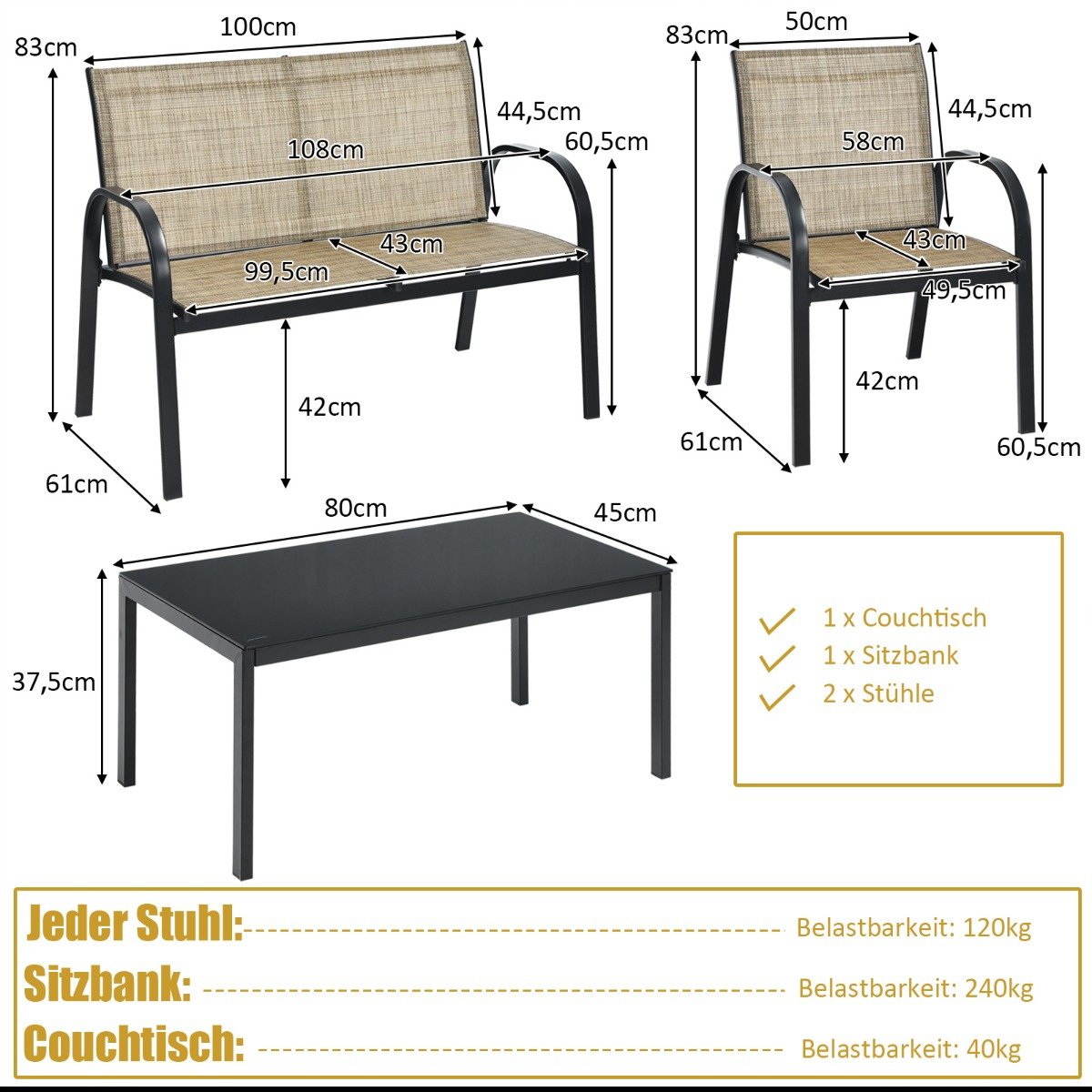 Coast 4-Piece Garden Furniture Set - Sofa 2 Chairs and Coffee Table - Brown - Metal/Fabric/Toughened Glass