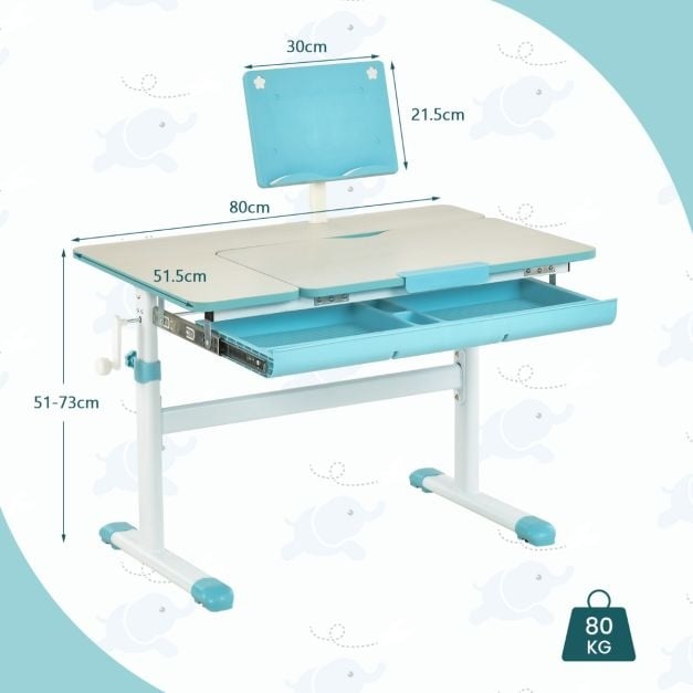 Bureau pour enfants Coast - Réglable en hauteur - Inclinable - 80 cm x 51,5 cm x 51-73 cm - Bleu
