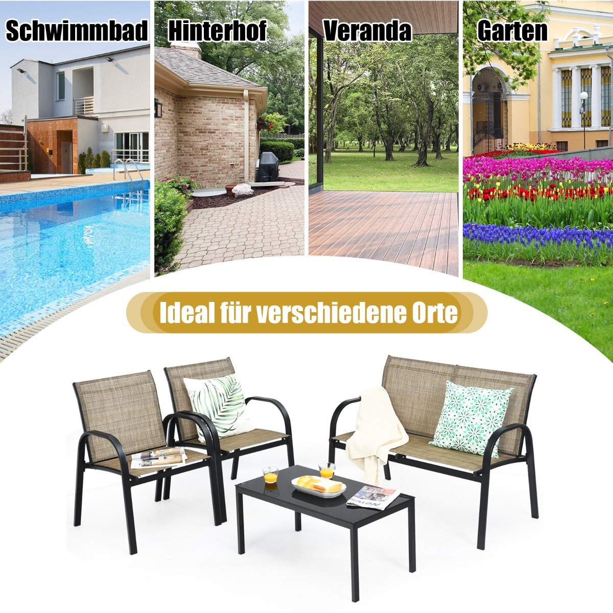 Coast 4-Piece Garden Furniture Set - Sofa 2 Chairs and Coffee Table - Brown - Metal/Fabric/Toughened Glass