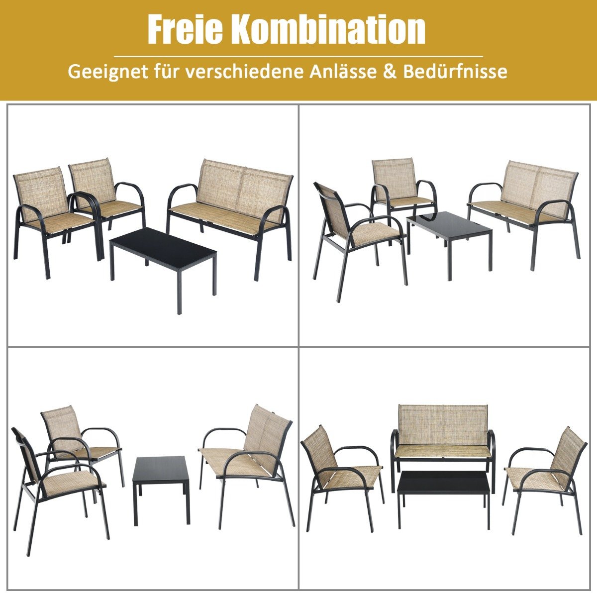 Coast 4-Piece Garden Furniture Set - Sofa 2 Chairs and Coffee Table - Brown - Metal/Fabric/Toughened Glass