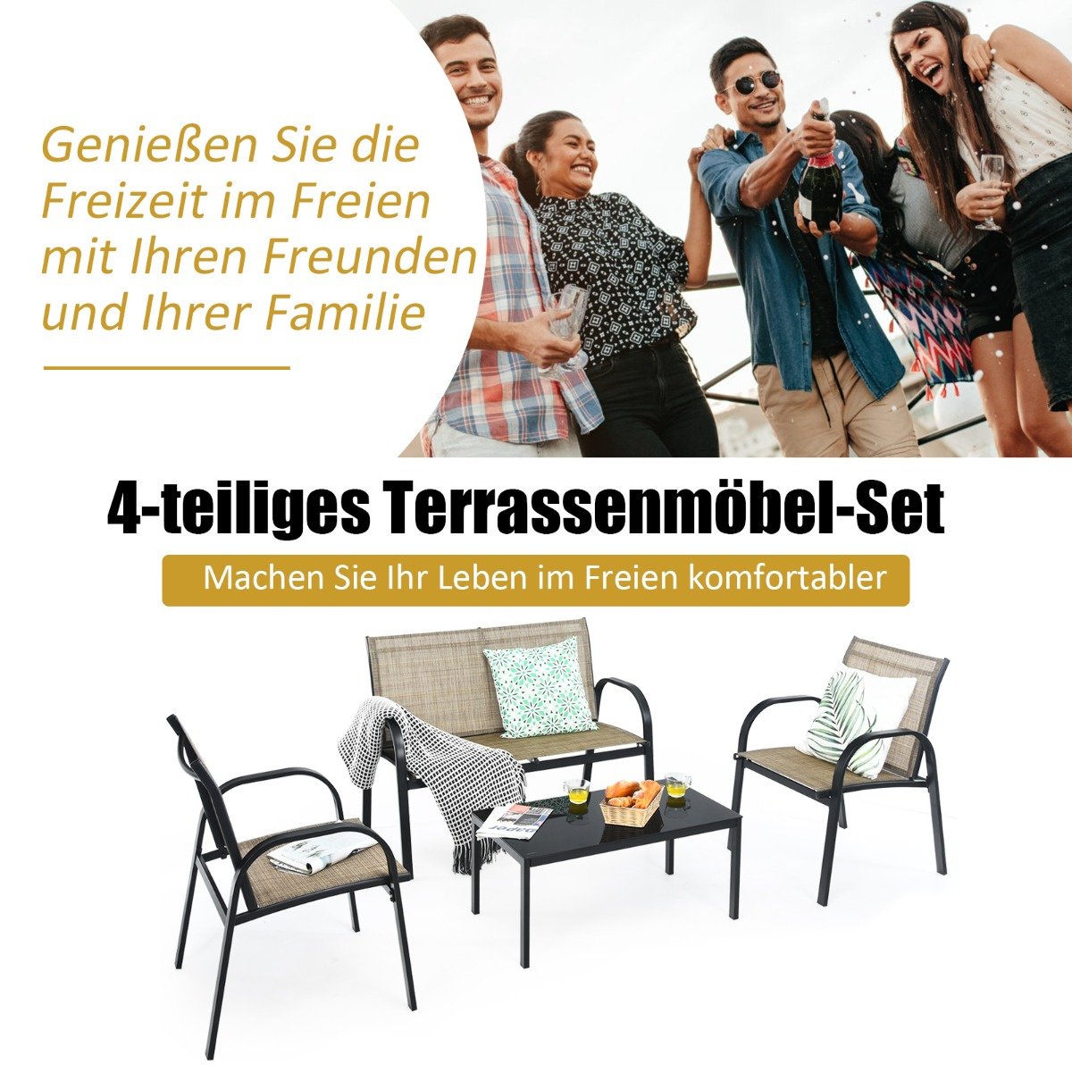 Coast 4-Piece Garden Furniture Set - Sofa 2 Chairs and Coffee Table - Brown - Metal/Fabric/Toughened Glass