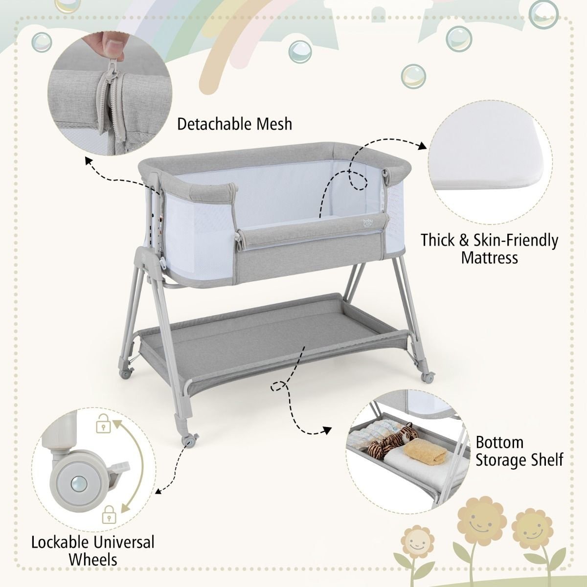 Lit pliant Coast - Hauteur réglable - Gris clair - 97 x 56 x 71.5-86.5 cm