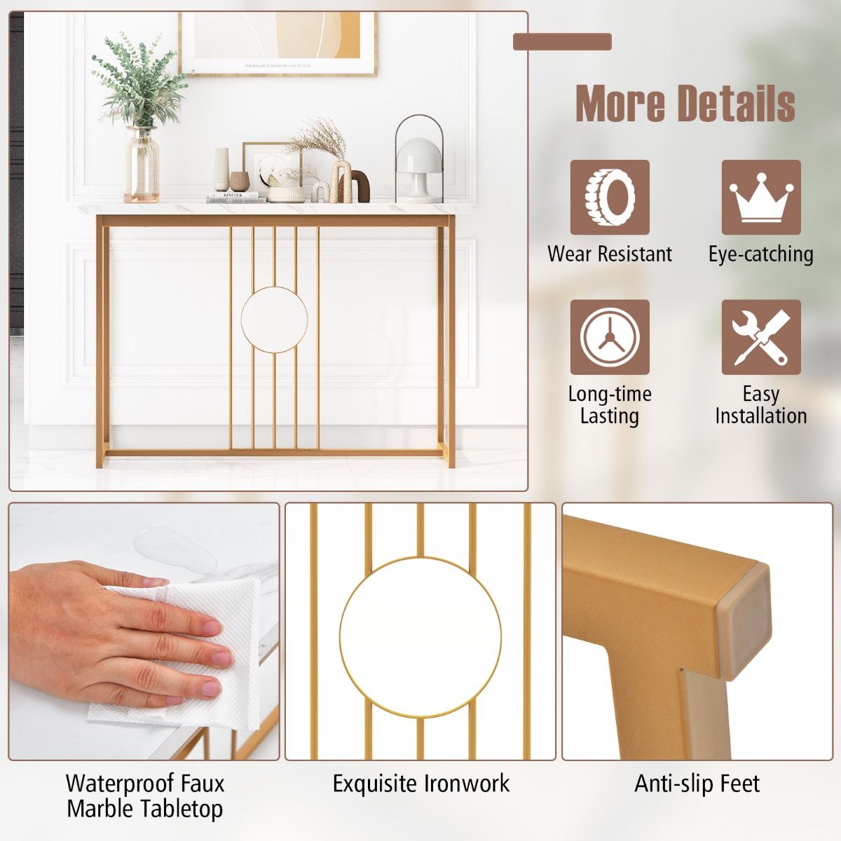 Table d'appoint Coast aspect marbre avec structure en métal - 120 x 30 x 80,5 cm - Blanc + or