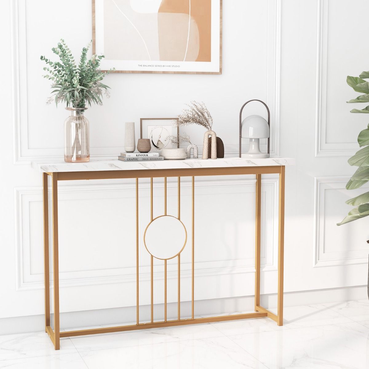 Table d'appoint Coast aspect marbre avec structure en métal - 120 x 30 x 80,5 cm - Blanc + or