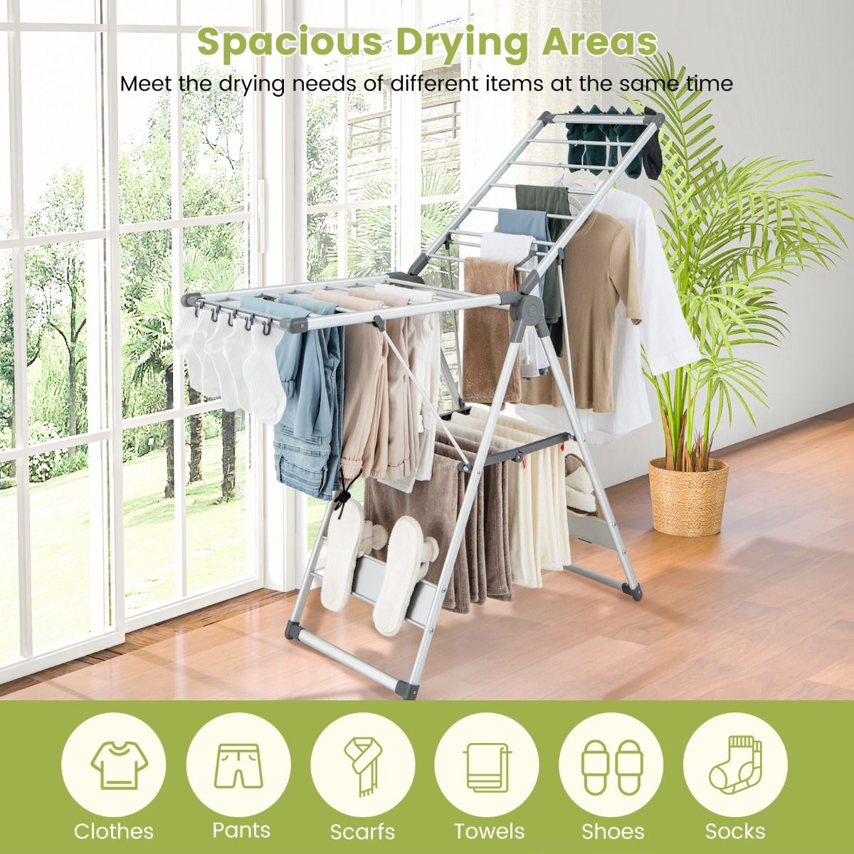 Coast Foldable Aluminium Drying Rack - 2 Levels with 21 Drying Bars, 10 Side Clamps & 4 Shoe Racks - 141 × 48 × 81-131 cm - Silver Grey