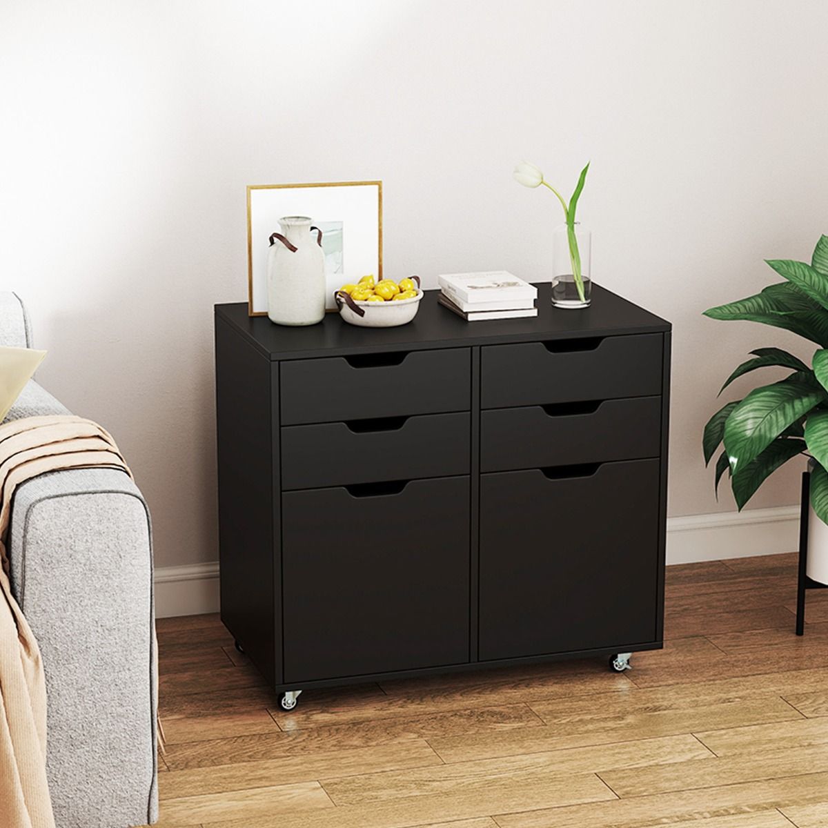 Coast Rollcontainer avec 4 tiroirs et 2 portes - Classeur à roulettes - Support pour imprimante - Noir - 73x40x64,5 cm