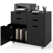Coast Rollcontainer avec 4 tiroirs et 2 portes - Classeur à roulettes - Support pour imprimante - Noir - 73x40x64,5 cm