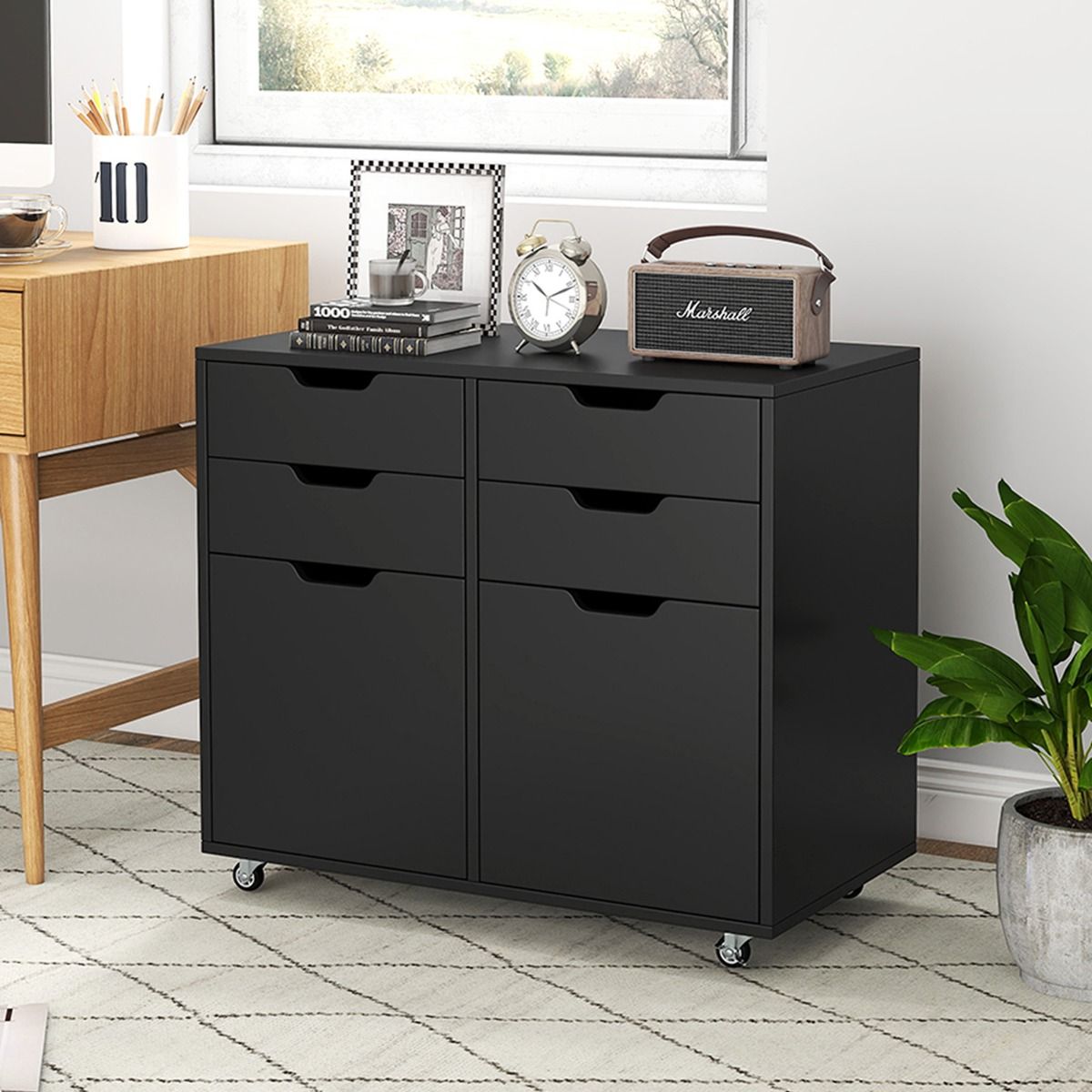 Coast Rollcontainer avec 4 tiroirs et 2 portes - Classeur à roulettes - Support pour imprimante - Noir - 73x40x64,5 cm