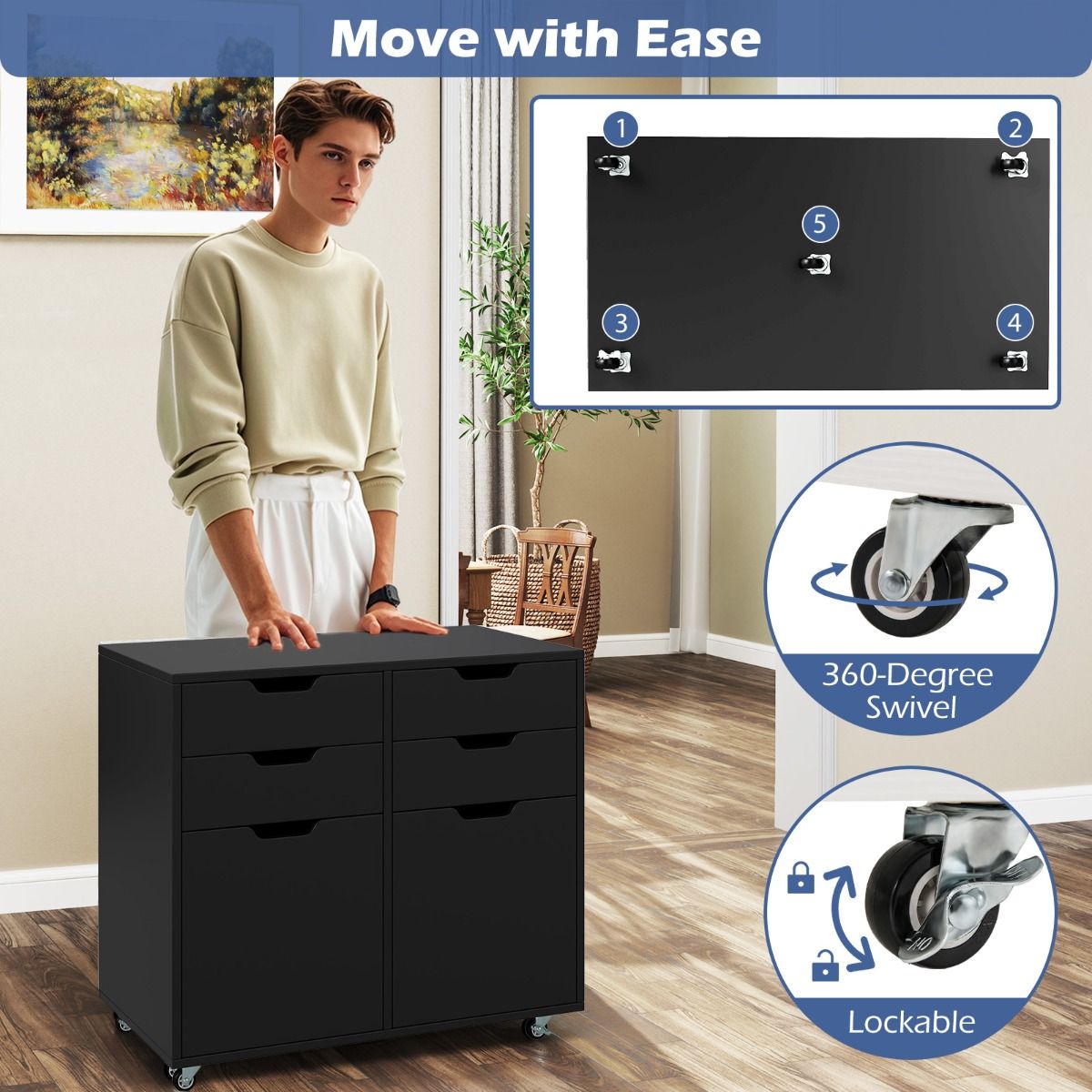 Coast Rollcontainer avec 4 tiroirs et 2 portes - Classeur à roulettes - Support pour imprimante - Noir - 73x40x64,5 cm
