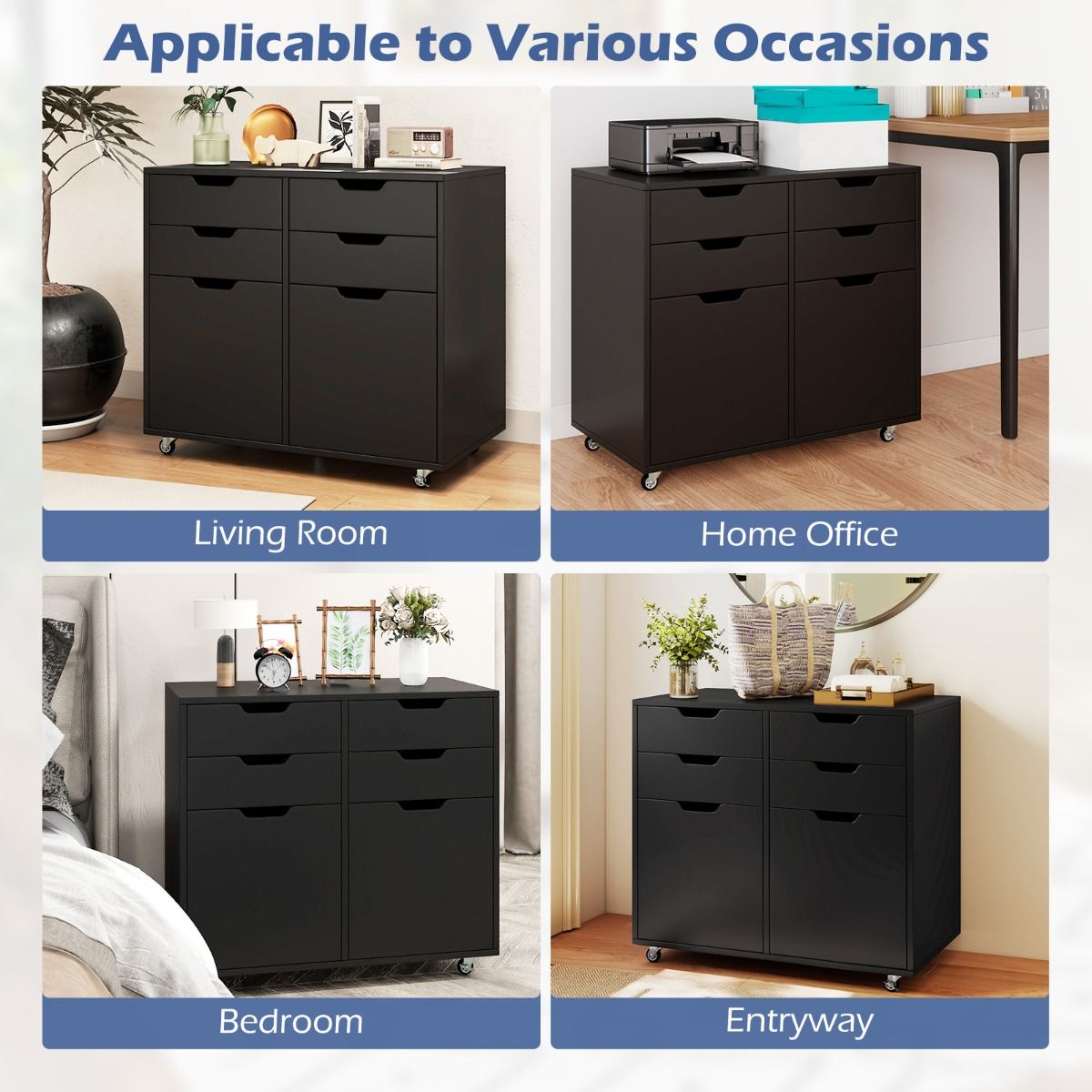 Coast Rollcontainer avec 4 tiroirs et 2 portes - Classeur à roulettes - Support pour imprimante - Noir - 73x40x64,5 cm