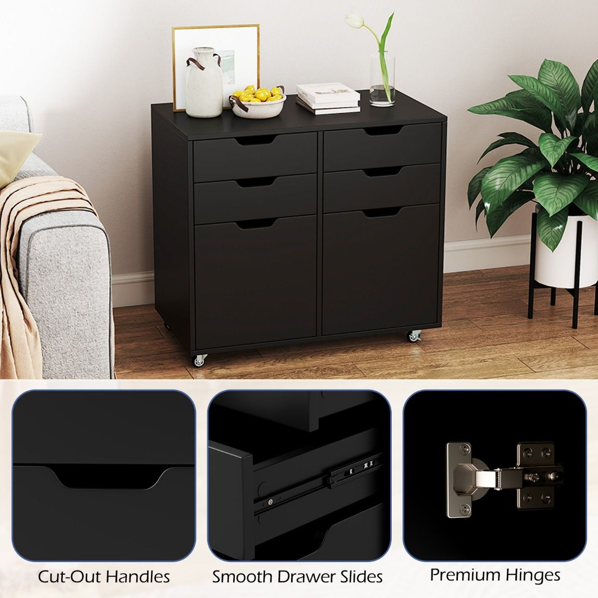 Coast Rollcontainer avec 4 tiroirs et 2 portes - Classeur à roulettes - Support pour imprimante - Noir - 73x40x64,5 cm