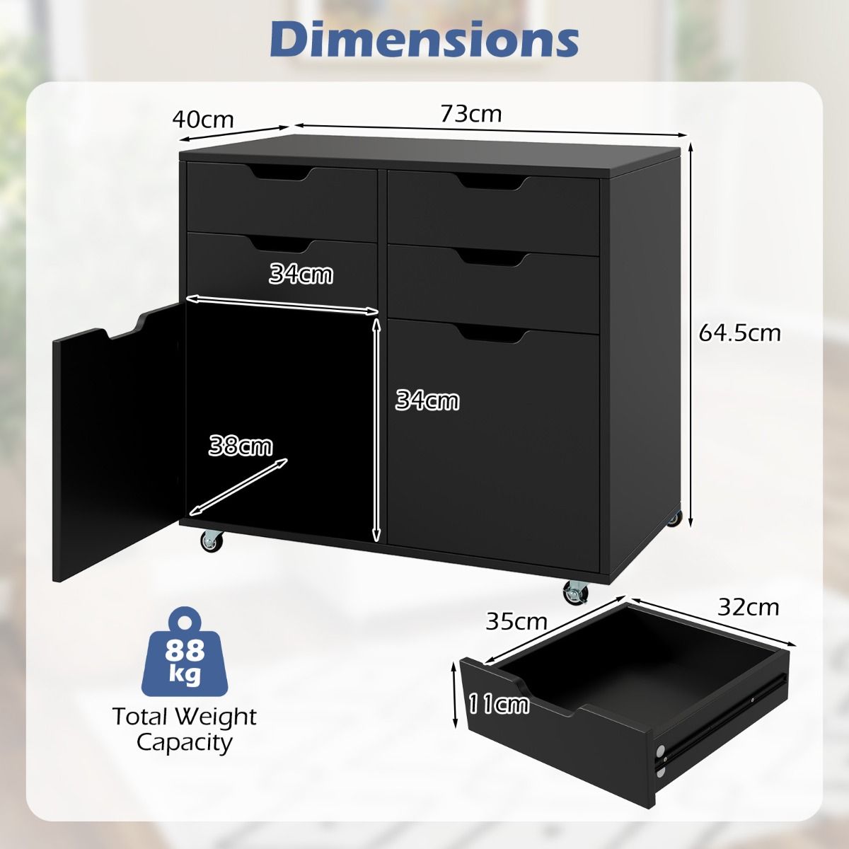 Coast Rollcontainer avec 4 tiroirs et 2 portes - Classeur à roulettes - Support pour imprimante - Noir - 73x40x64,5 cm
