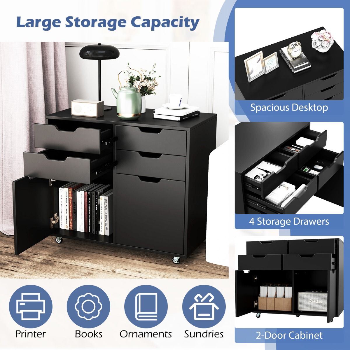 Coast Rollcontainer avec 4 tiroirs et 2 portes - Classeur à roulettes - Support pour imprimante - Noir - 73x40x64,5 cm