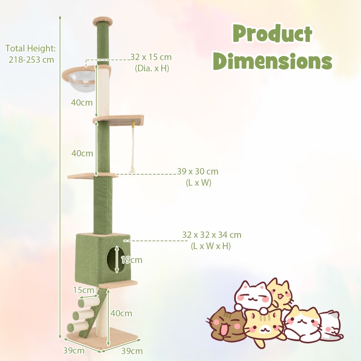 Griffoir réglable en hauteur 218-253 cm - Tour de luxe pour chats avec 5 étages, capsule spatiale, griffoir en sisal, corde et échelle - Pour les chats actifs et au repos