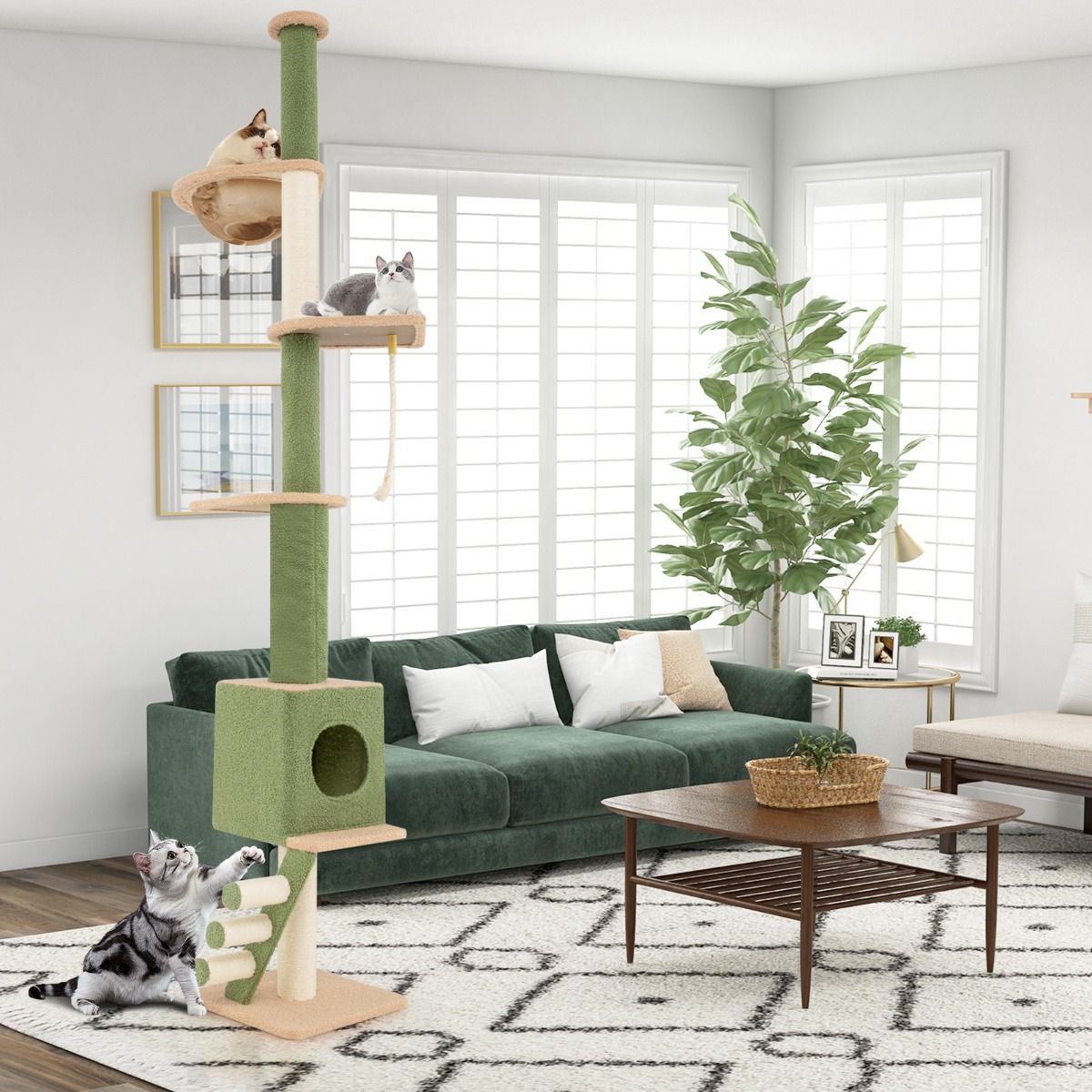Griffoir réglable en hauteur 218-253 cm - Tour de luxe pour chats avec 5 étages, capsule spatiale, griffoir en sisal, corde et échelle - Pour les chats actifs et au repos