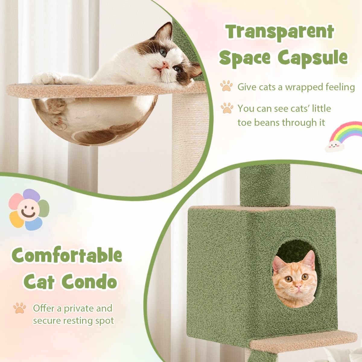Griffoir réglable en hauteur 218-253 cm - Tour de luxe pour chats avec 5 étages, capsule spatiale, griffoir en sisal, corde et échelle - Pour les chats actifs et au repos