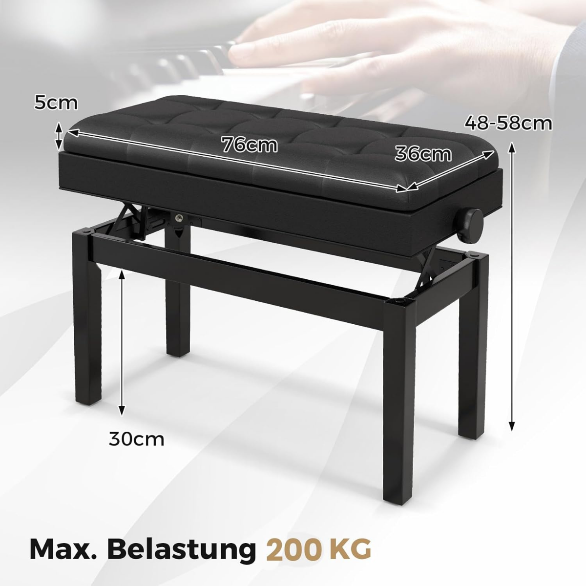 Banc réglable pour piano à queue avec rangement et coussin rembourré imperméable - 6 x 36 x 48-58 cm - Noir