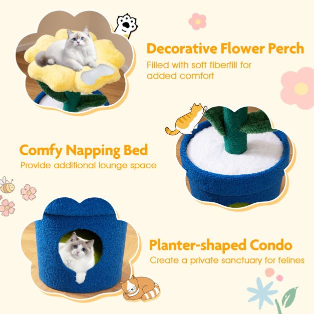 Arbre à chat Coast Flower Platform & Cat Burrow Yellow - 39.5 x 39.5 x 72 cm - Maison de luxe en peluche pour chat avec griffoir