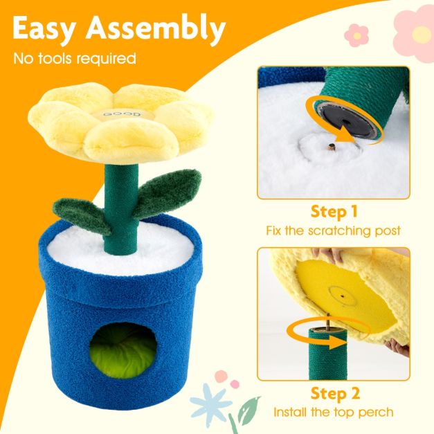 Arbre à chat Coast Flower Platform & Cat Burrow Yellow - 39.5 x 39.5 x 72 cm - Maison de luxe en peluche pour chat avec griffoir