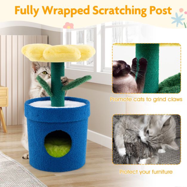 Arbre à chat Coast Flower Platform & Cat Burrow Yellow - 39.5 x 39.5 x 72 cm - Maison de luxe en peluche pour chat avec griffoir