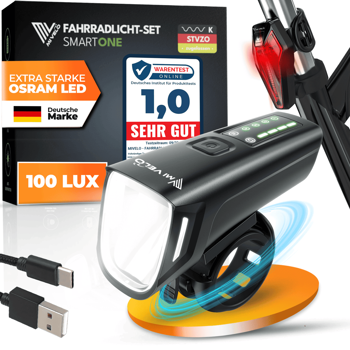 Kit d'éclairage vélo Mivelo LED "SMART ONE" rechargeable par USB