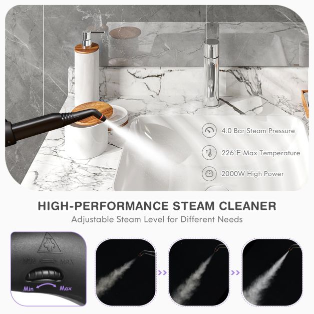 Nettoyeur vapeur puissant - 2000W - Pression de 4 bars - Réservoir d'eau de 1,5L - Jusqu'à 108°C - 45 minutes de vapeur - 19 accessoires inclus
