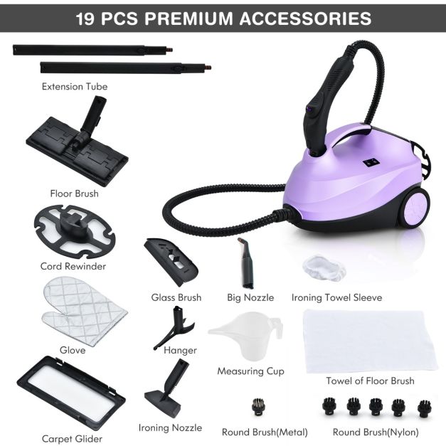 Nettoyeur vapeur puissant - 2000W - Pression de 4 bars - Réservoir d'eau de 1,5L - Jusqu'à 108°C - 45 minutes de vapeur - 19 accessoires inclus