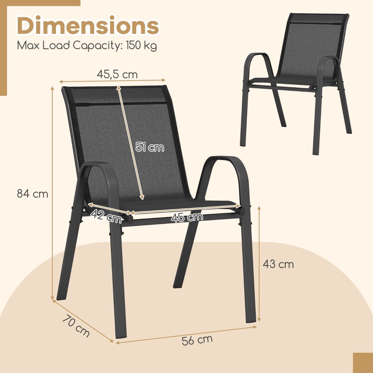 coast Lot de 2 chaises de terrasse empilables noires avec accoudoirs - 56x70x84 cm - Structure métallique et respirante