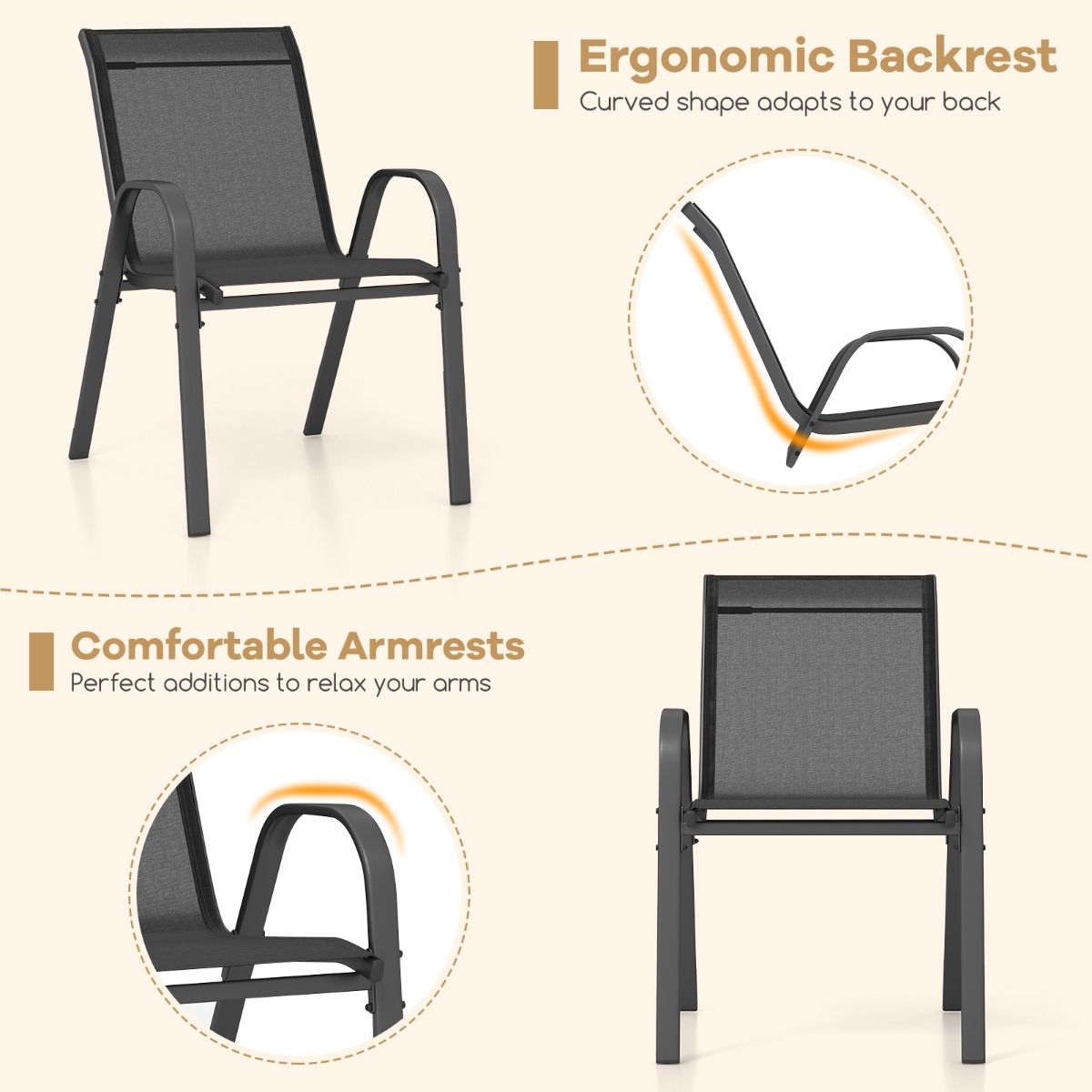 coast Lot de 2 chaises de terrasse empilables noires avec accoudoirs - 56x70x84 cm - Structure métallique et respirante