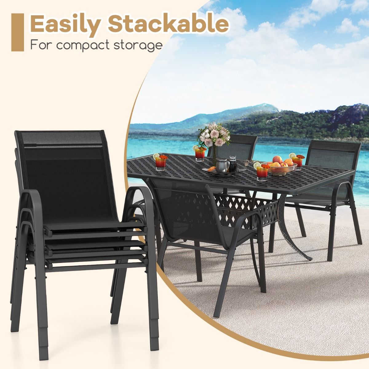 coast Lot de 2 chaises de terrasse empilables noires avec accoudoirs - 56x70x84 cm - Structure métallique et respirante