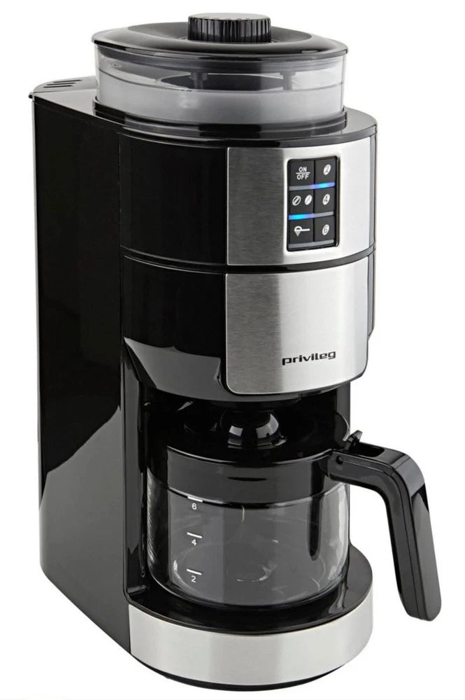 Privileg - Cafetière avec moulin à café intégré - pour café en grains et café moulu - avec affichage numérique et minuterie - sans pichet - plastique noir et argenté