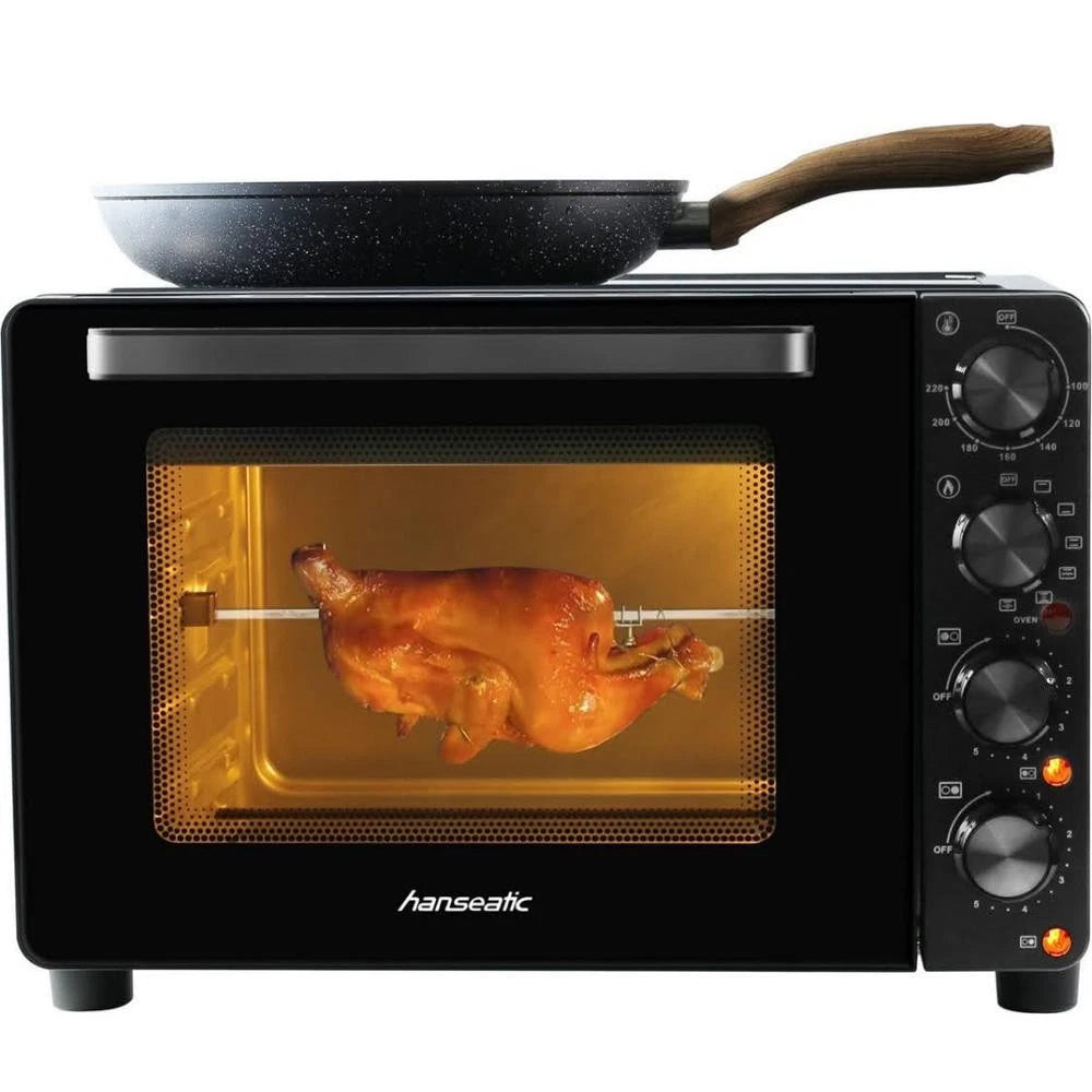 Hanseatic - Four multiple avec 2 plaques vitrocéramiques - 28 litres et 3100 watts - avec fonction de chauffage et de gril par le haut et par le bas - four compact - métal noir et verre