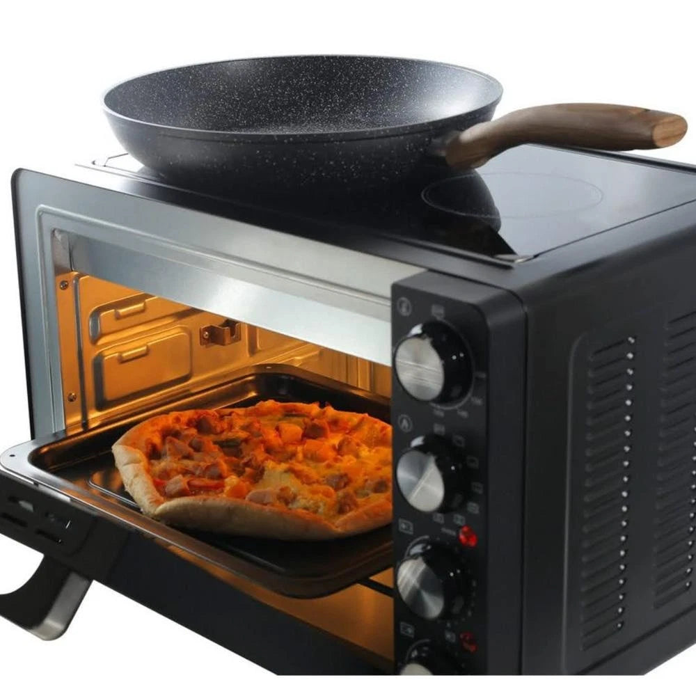 Hanseatic - Four multiple avec 2 plaques vitrocéramiques - 28 litres et 3100 watts - avec fonction de chauffage et de gril par le haut et par le bas - four compact - métal noir et verre