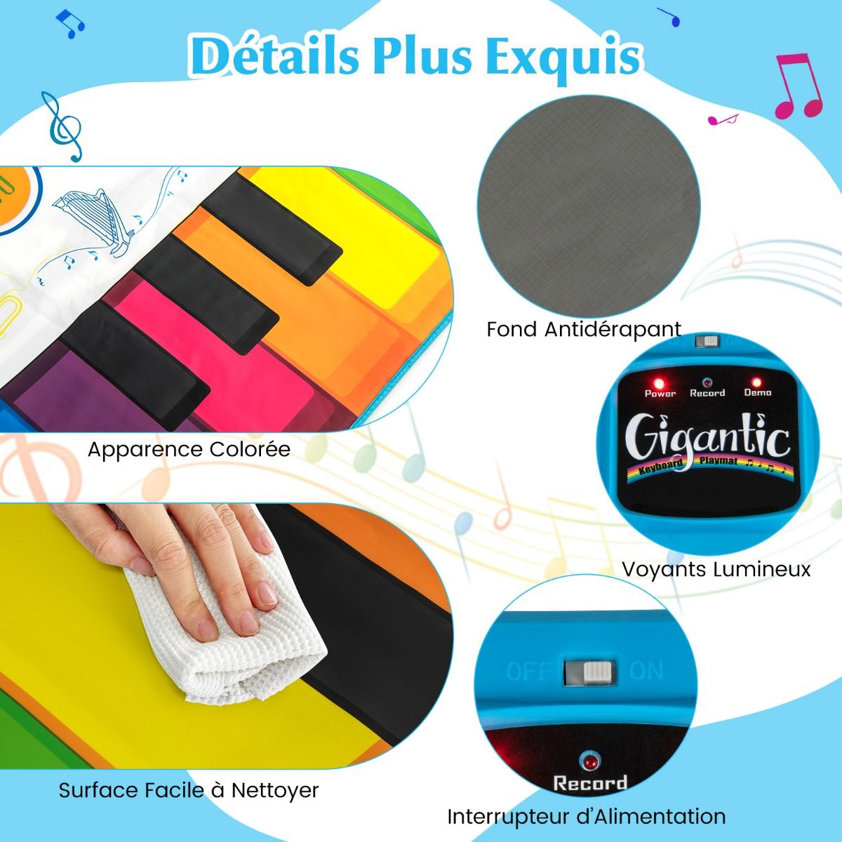 Tapis de danse pour enfants Coast avec 24 touches de piano et 8 sons d'instruments - Tapis de jeu musical 181 x 73 cm - coloré