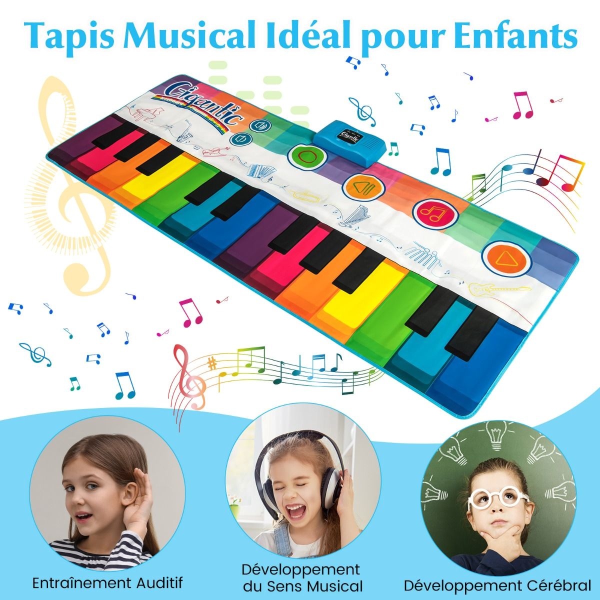 Tapis de danse pour enfants Coast avec 24 touches de piano et 8 sons d'instruments - Tapis de jeu musical 181 x 73 cm - coloré