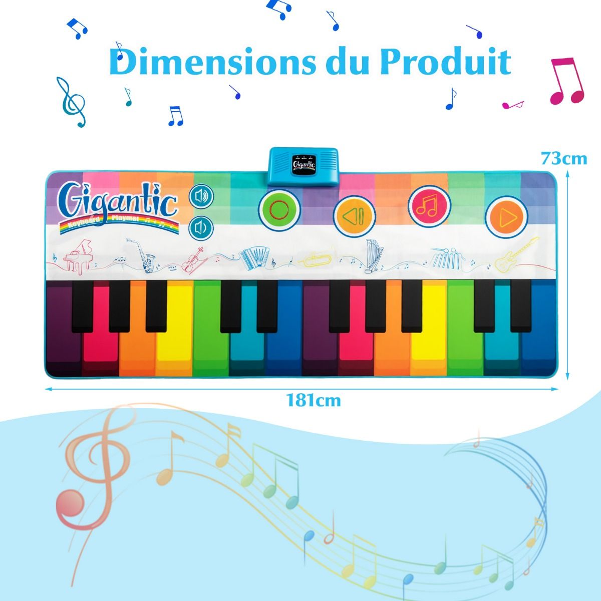 Tapis de danse pour enfants Coast avec 24 touches de piano et 8 sons d'instruments - Tapis de jeu musical 181 x 73 cm - coloré