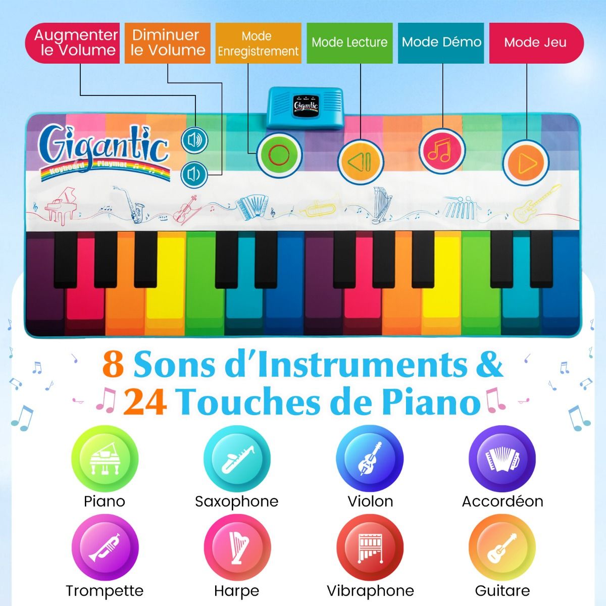 Tapis de danse pour enfants Coast avec 24 touches de piano et 8 sons d'instruments - Tapis de jeu musical 181 x 73 cm - coloré