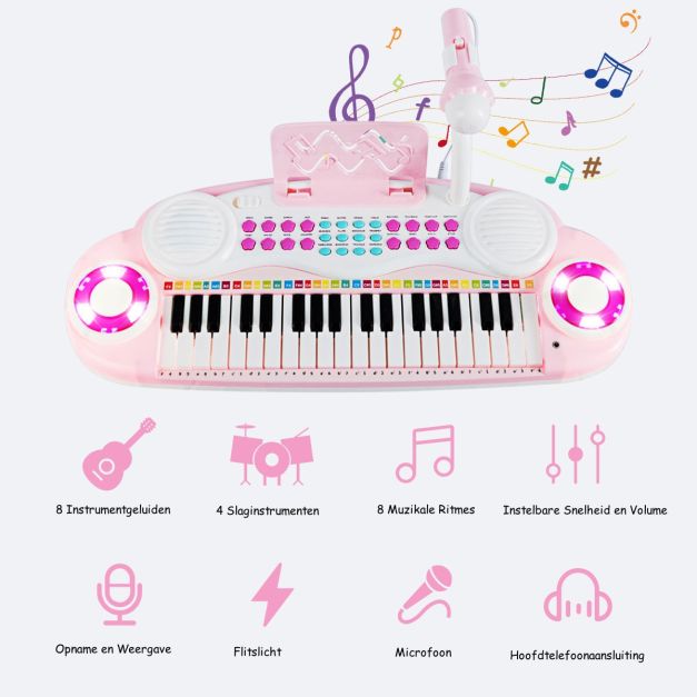 Clavier électrique à 37 touches pour enfants - Piano jouet avec microphone, lumière rythmique et pieds amovibles - Rose