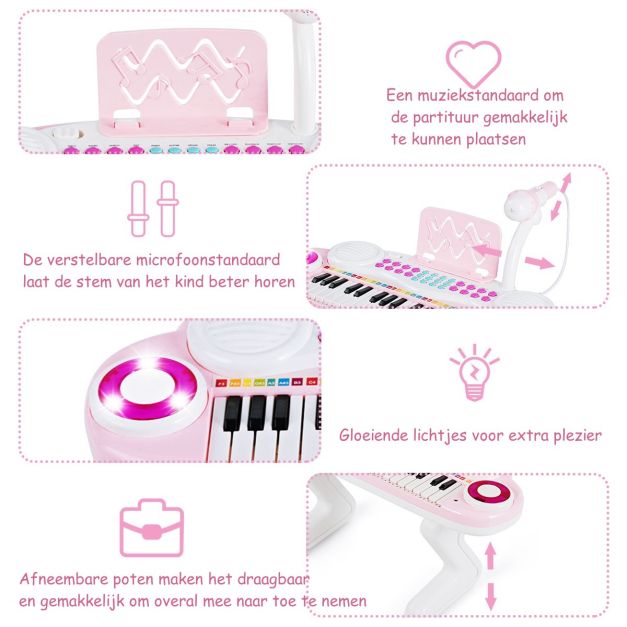 Clavier électrique à 37 touches pour enfants - Piano jouet avec microphone, lumière rythmique et pieds amovibles - Rose