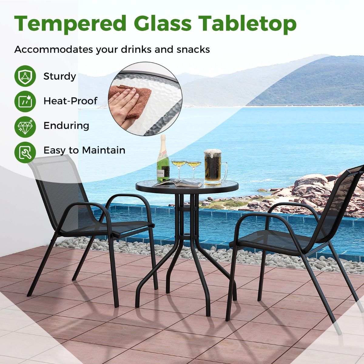 Coast 3-Piece Black Bistro Set for Outdoor - Table Ø60x70 cm avec verre trempé & 2 chaises empilables 56x67x84 cm